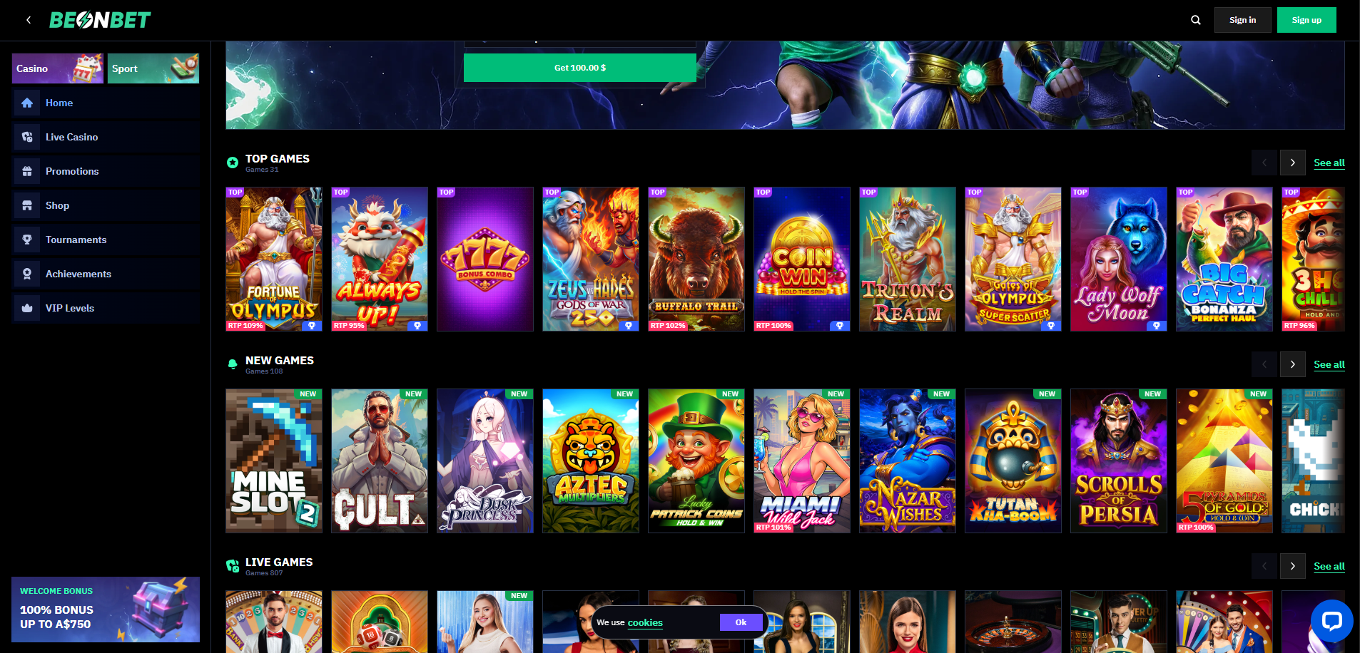 Beonbet Casino Plattform – Lobby mit Spielen, Live-Tischen und Aktionen
